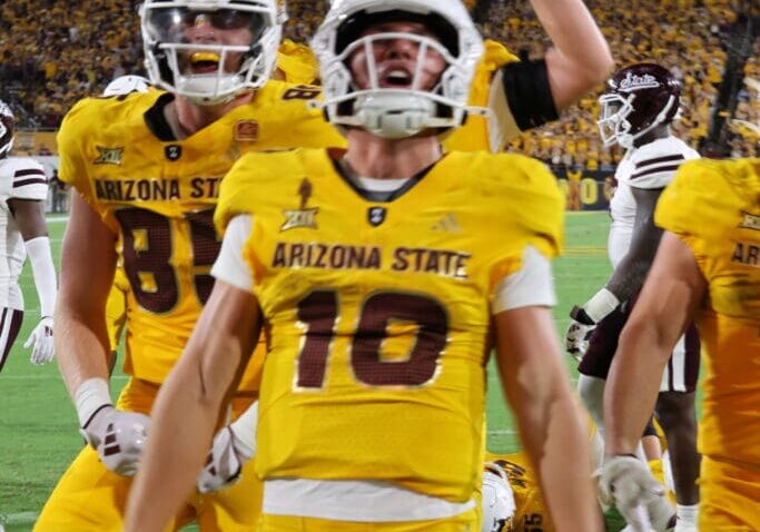 Sam Leavitt celebrating a touchdown against Mississippi State